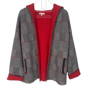Bartolini Gray Red Plaid Open Sweater Jacket Coat Large Hood Wool Cashmere